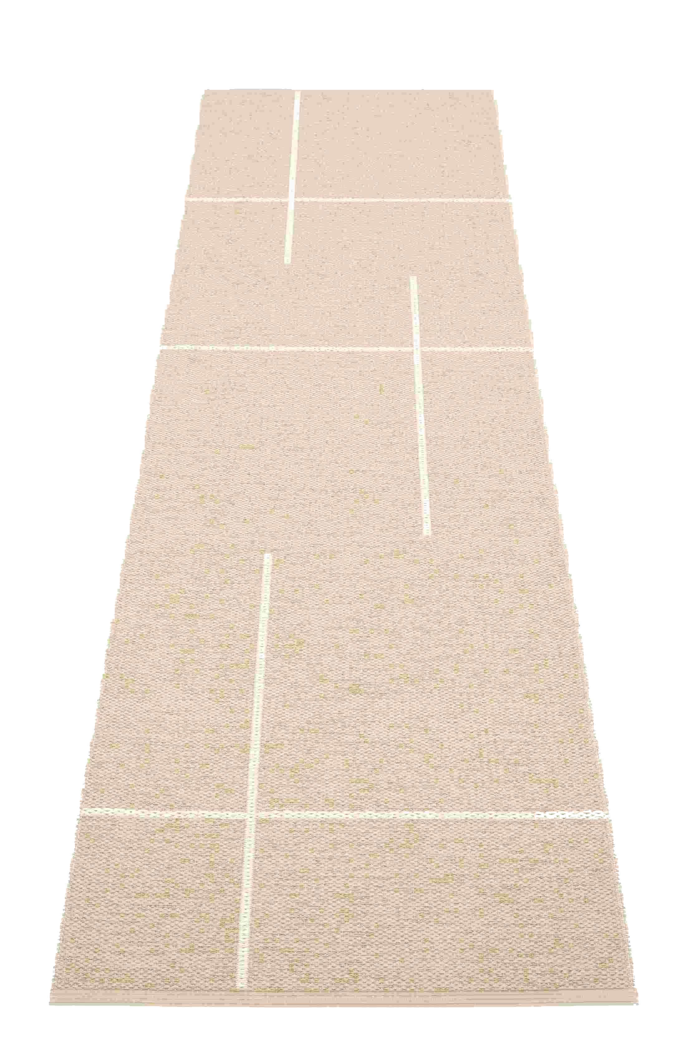 Beiger Fred Teppich von Pappelina, 70x270 cm, mit hellem Streifenmuster, ideal für Flur oder Küche.