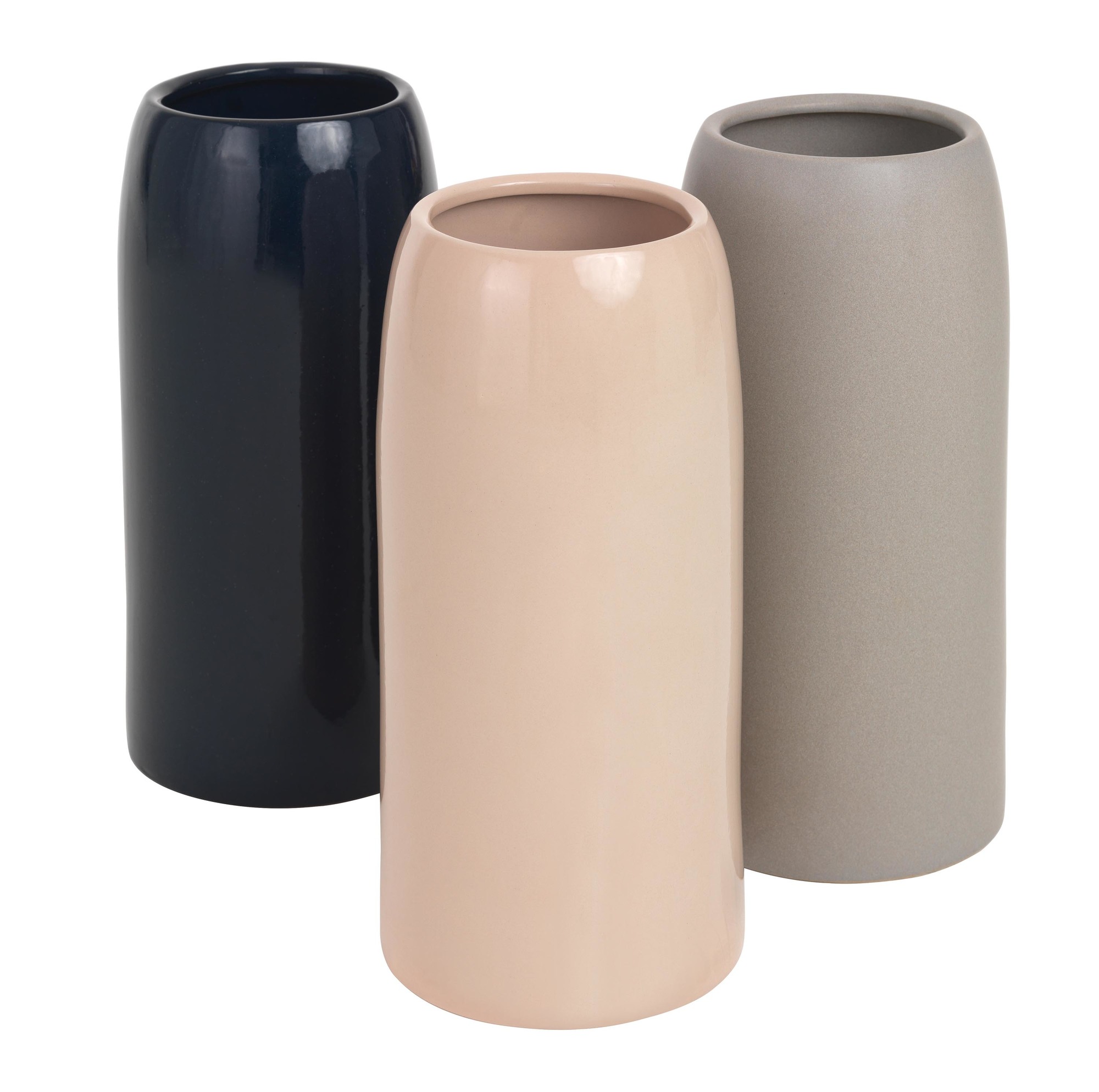 Drei moderne Schirmständer in Nachtblau, Beige und Grau. Schönbuch Design für stilvolle Flure.