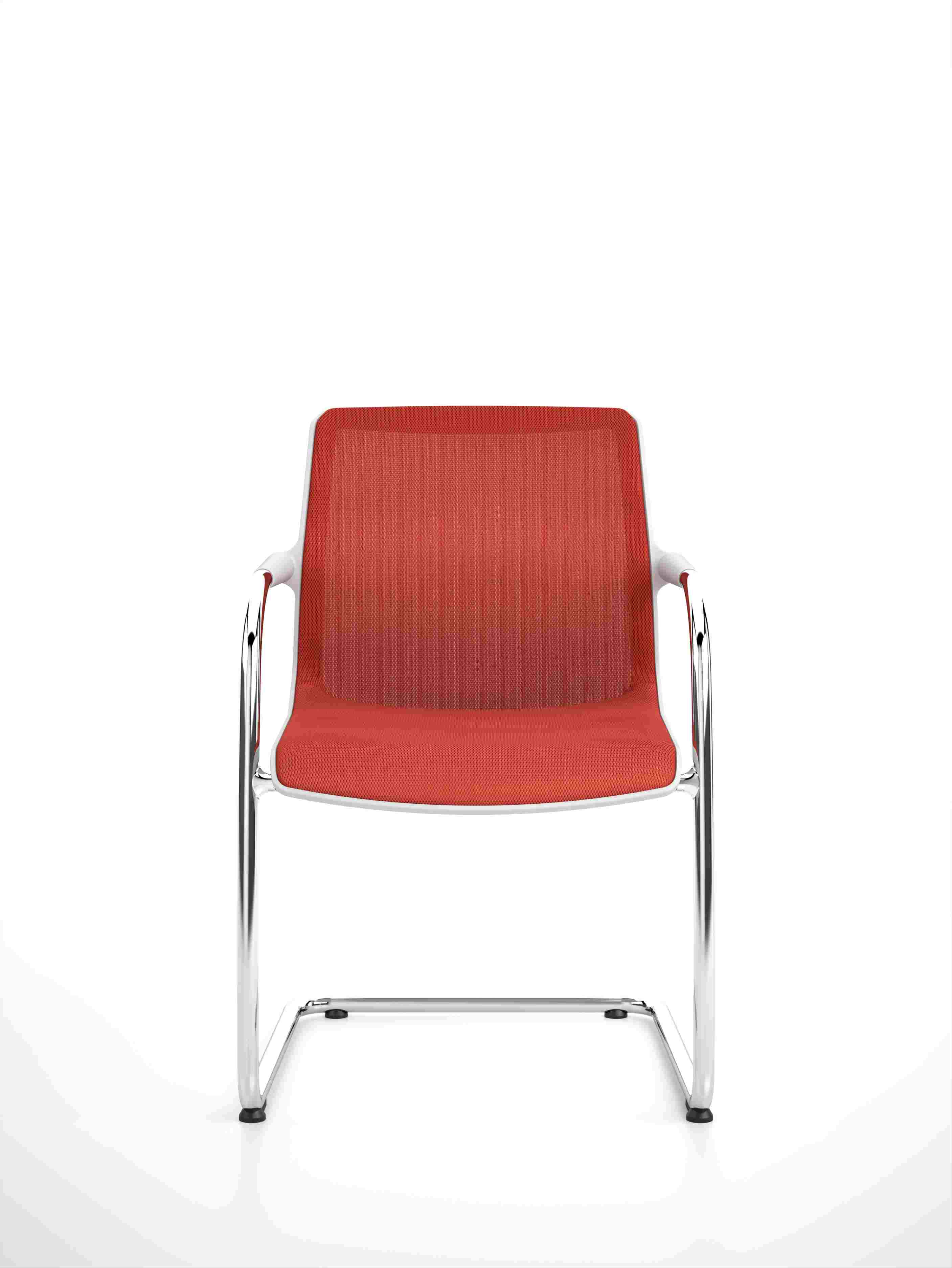 Vitra Unix Freischwinger Stuhl mit roter Sitzfläche und verchromtem Gestell vor weißem Hintergrund.