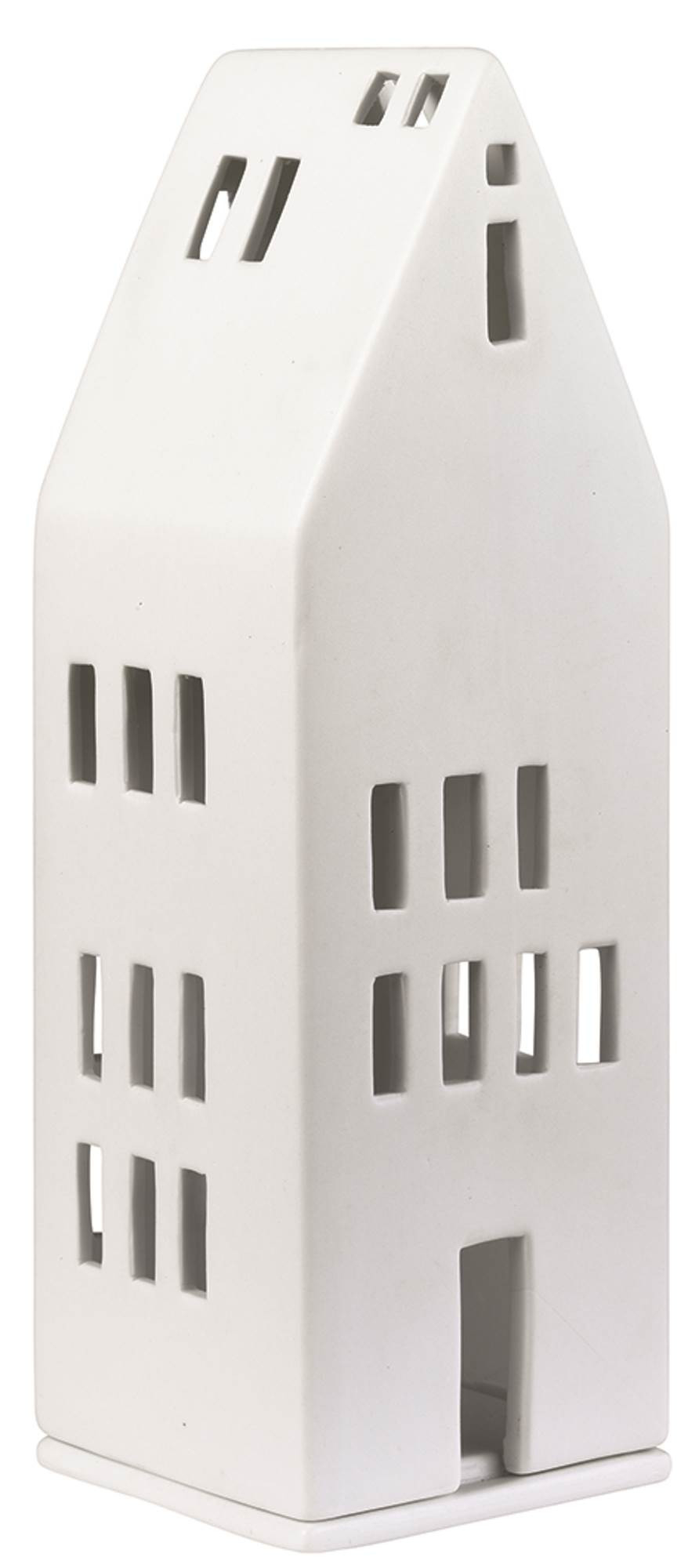 Detailaufnahme eines weißen Räder Lichthauses aus der Zuhause Sortiment Serie mit mehreren Fensteröffnungen.