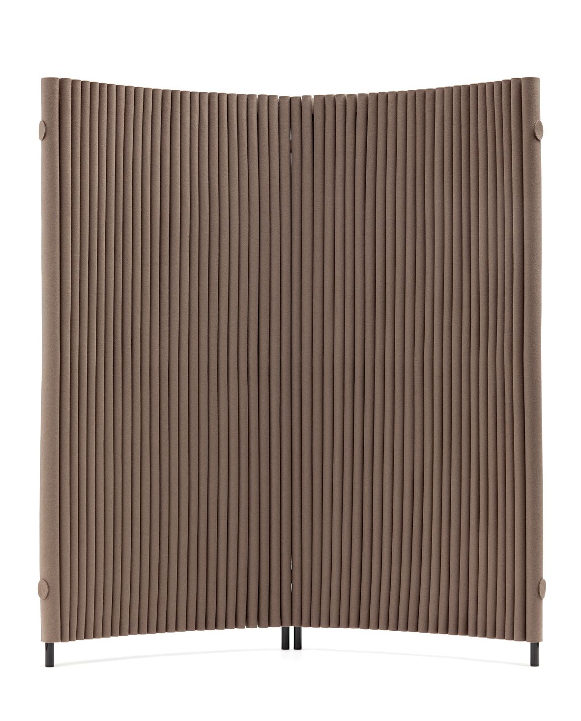 Hey Sign Welle Paravent, zwei gebogene Elemente in Braun, verbunden als Raumteiler und Sichtschutz.