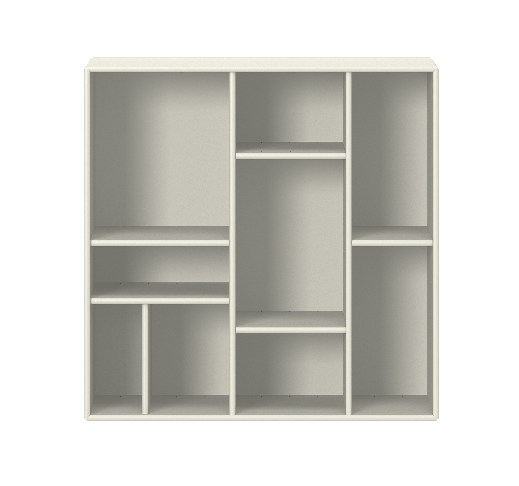 Compile Regal in Vanilla von Montana: Quadratisches Wandregal mit Fächern für Bücher und Dekoration.
