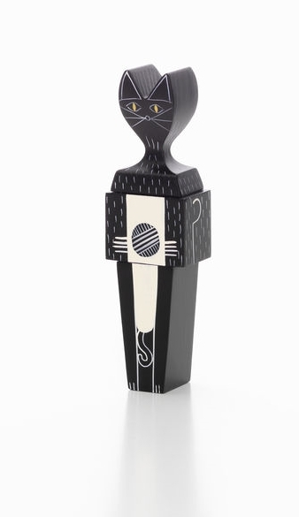 Vitra Katze klein Holzfigur: Schwarze Wooden Doll Katze mit gelben Augen und Wollknäuel-Muster.
