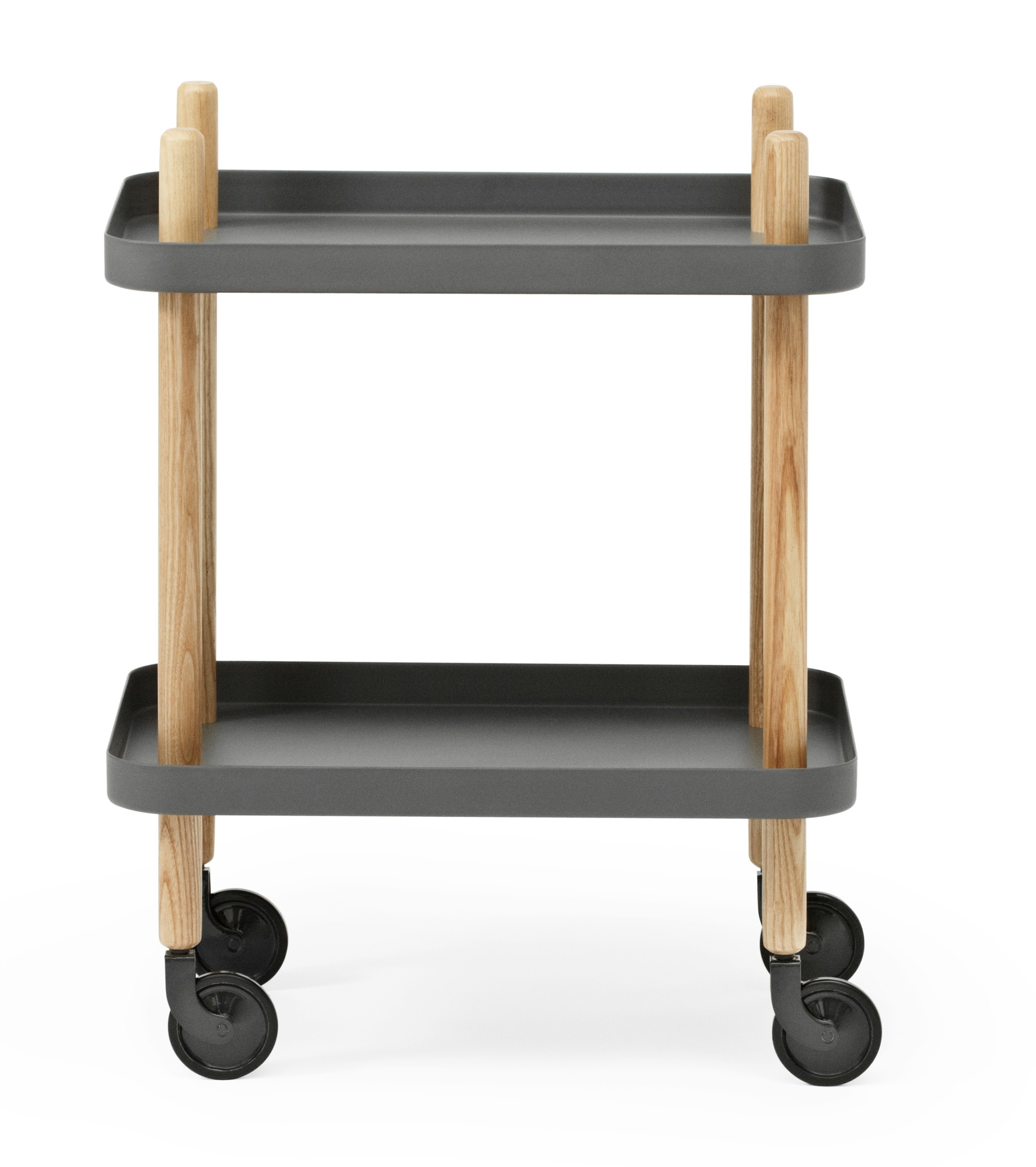Normann Copenhagen Block Table Servierwagen in Dunkelgrau mit zwei Ablageflächen und Rollen.