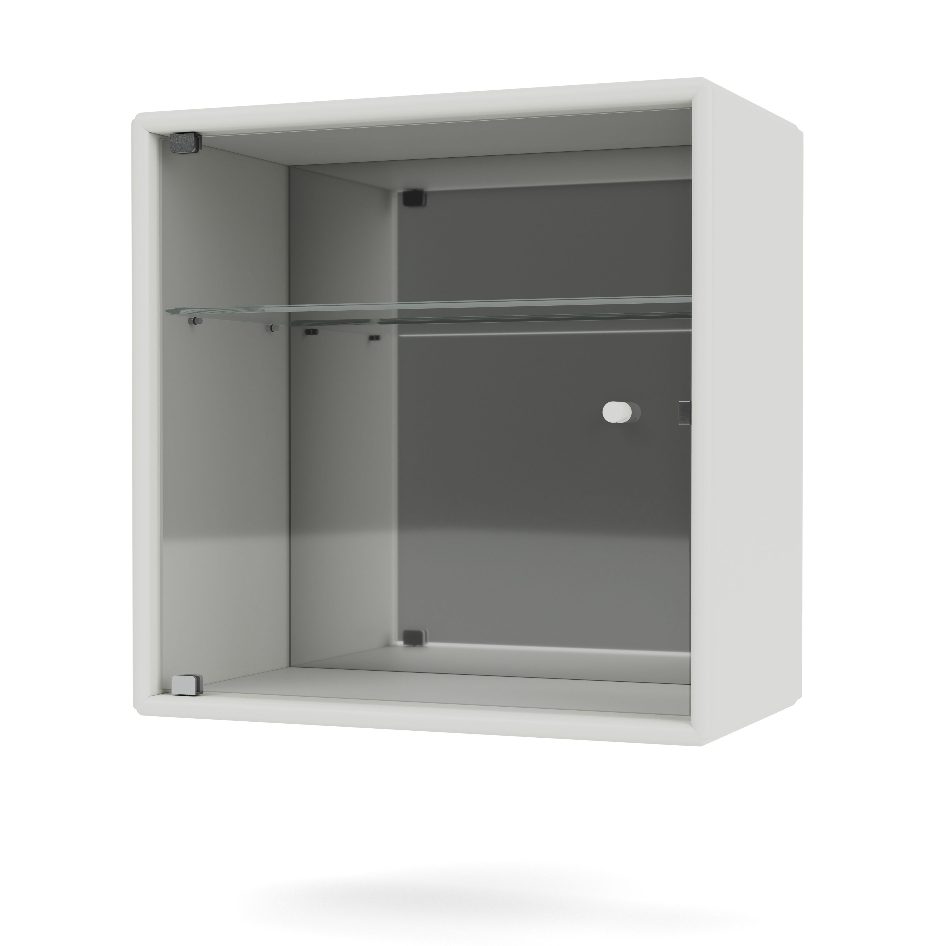 Weißer Nordic Wandschrank mit Glastür und Glasboden für Parfüm oder andere Kosmetik.