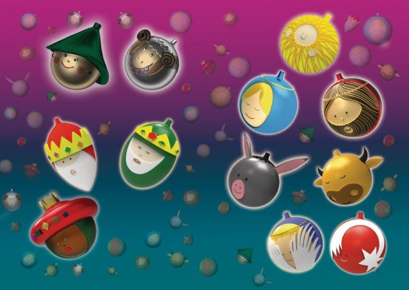 Alessi Weihnachtskugeln Krippenfiguren: Maria, Josef, Christkind, Ochse, Esel und Heilige Drei Könige.