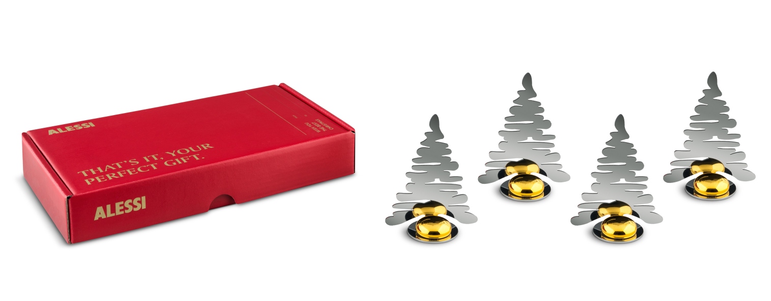 Alessi Bark Tischkartenhalter 4er Set mit Magnetkugeln und roter Geschenkverpackung. Dekorative Tischdeko für Weihnachten.