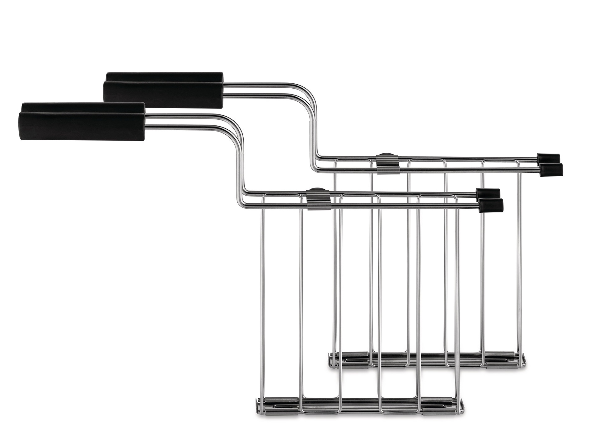 Zwei Alessi Toru Toasterzangen aus Edelstahl mit schwarzen Griffen für sicheres Entnehmen von Toast.