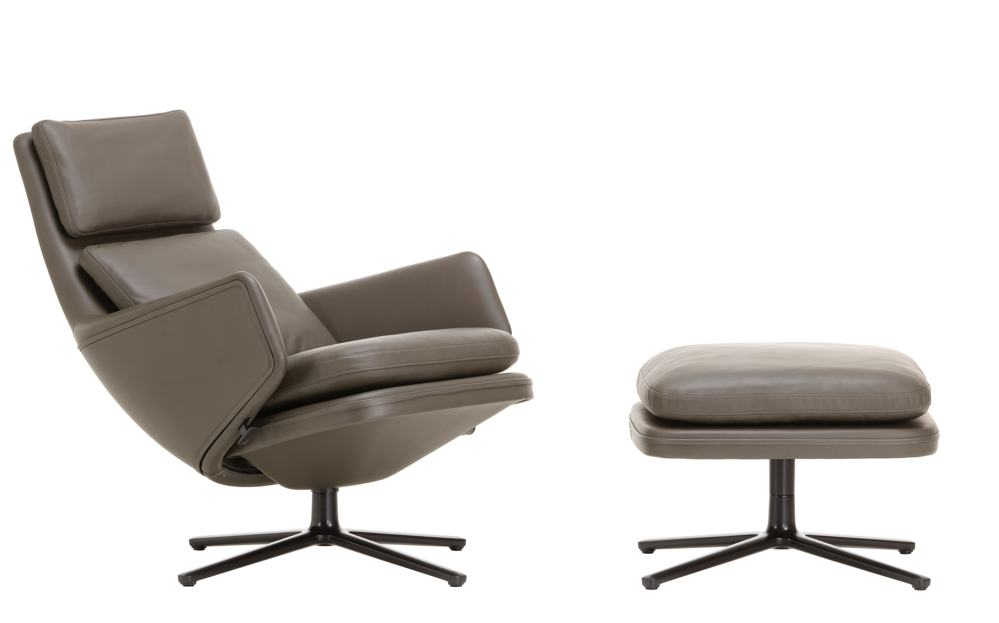 Grand Relax Sessel von Vitra mit Ottoman in braunem Leder auf schwarzem Fuß.