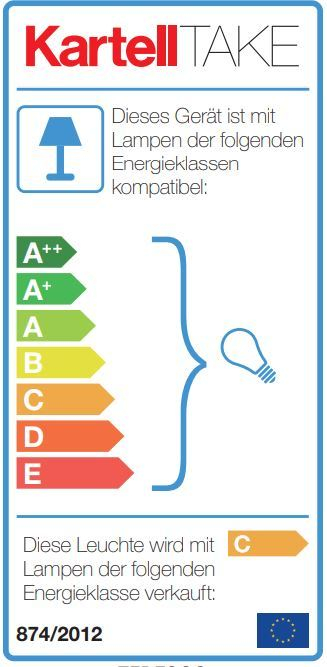 Energieeffizienzlabel für die Take Tischleuchte von Kartell, kompatibel mit verschiedenen Lampenklassen.