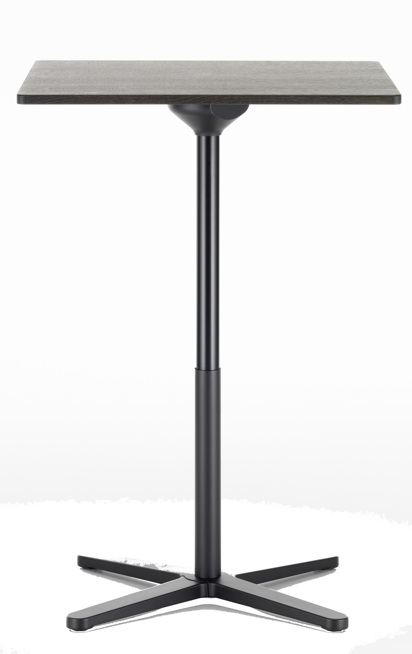 Quadratischer, faltbarer Stehtisch von Vitra, Modell Super Fold Table High, mit dunkler Tischplatte.