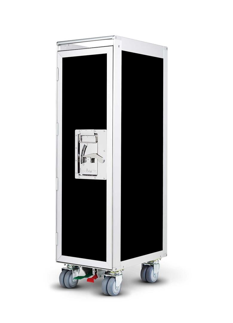 Schwarzer Flugzeugtrolley von Onecolor, eine stilvolle Bordbar mit Rollen und silberfarbenem Rahmen.