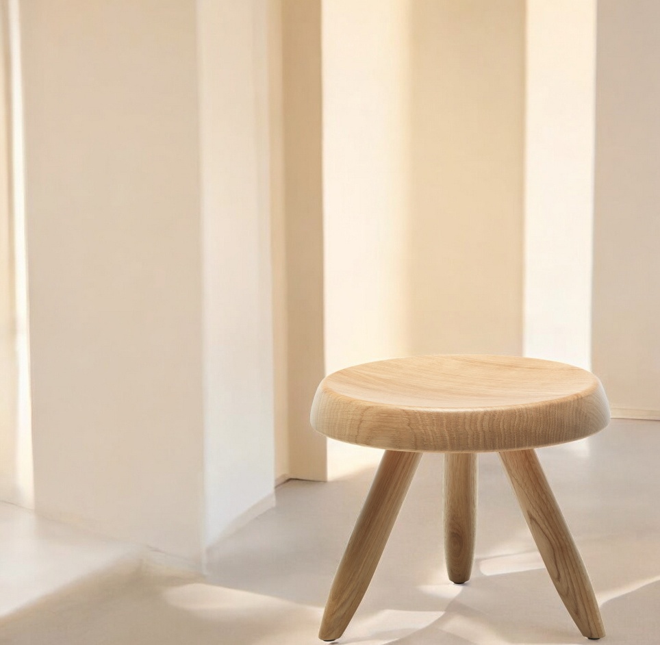 524 Tabouret Berger Hocker aus hellem Holz, dreibeiniger Sitzhocker für Wohnzimmer und Esszimmer.