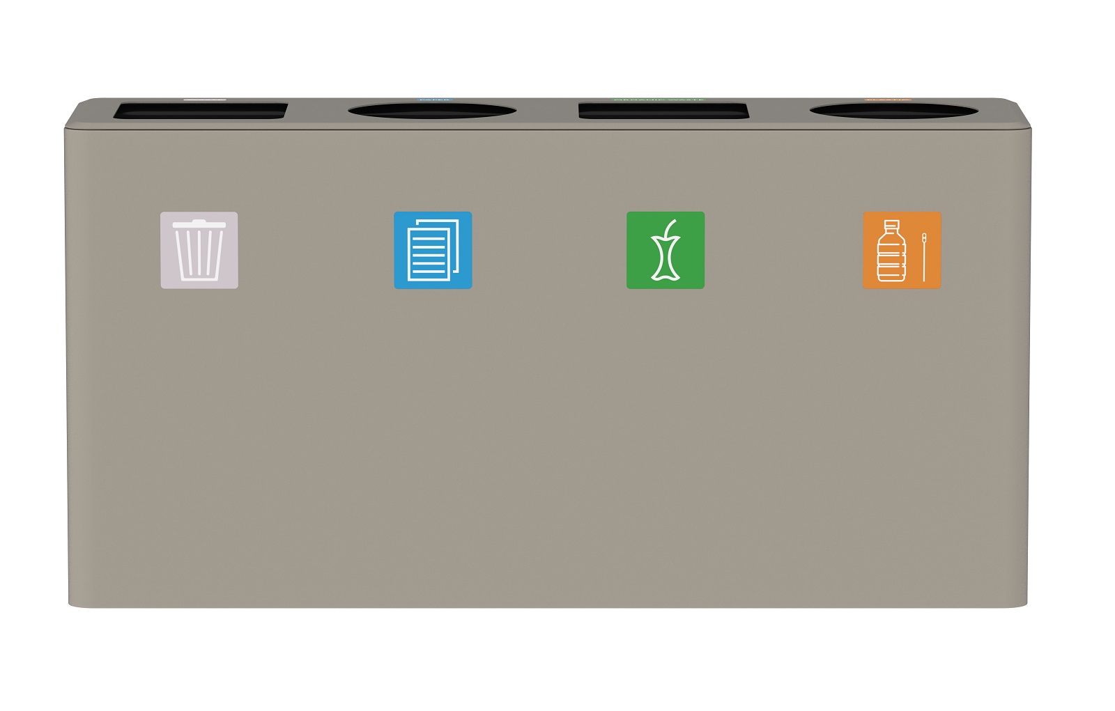 Dunk 4 Abfalltrennsystem: Grauer Mülleimer mit vier Fächern für Papier, Restmüll, Plastik und Bioabfall.