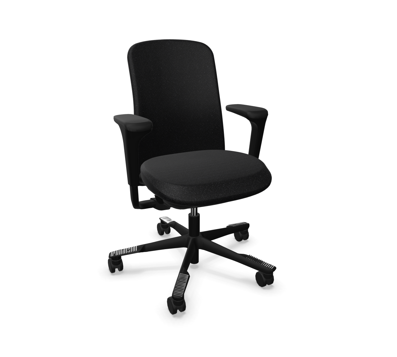 Schwarzer Sofi Arbeitsstuhl mit Armlehnen und Rollen, ergonomischer Bürostuhl für komfortables Sitzen.