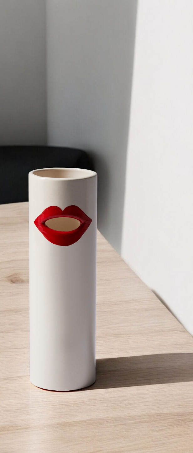 Weiße Cassina Vase "Bocca" mit roten Lippen auf einem Holztisch, modernes Designobjekt.