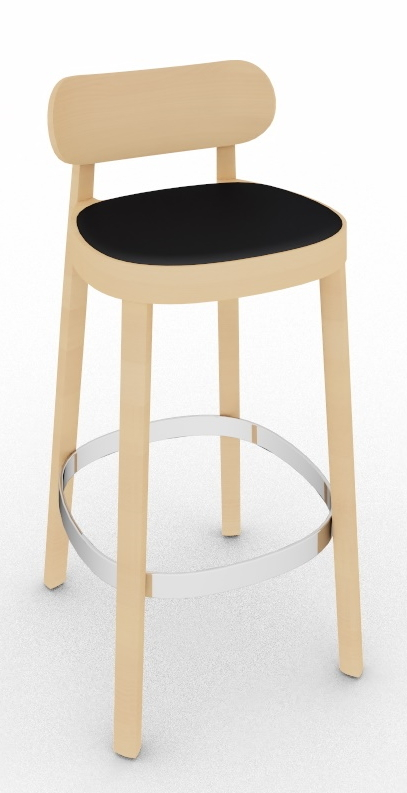 Thonet Holzstuhl 118 SPHT: Barhocker aus hellem Holz mit schwarzem Sitzpolster und Fußring.