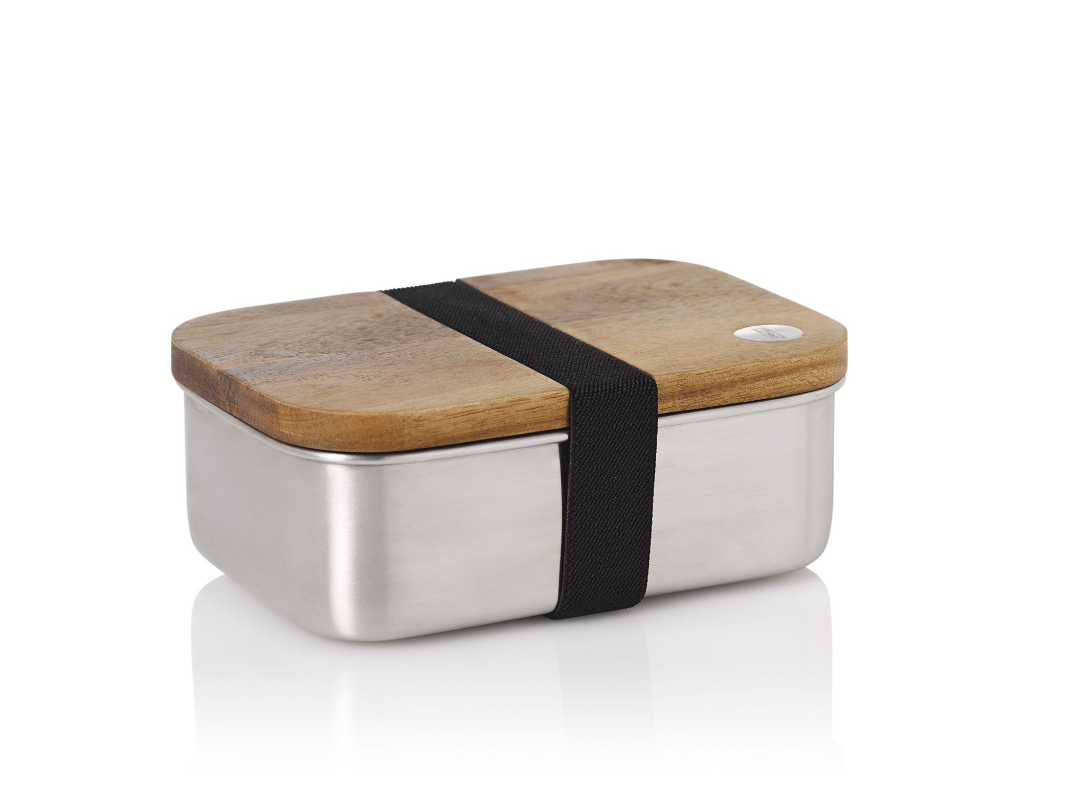 Lunchbox Cotto: Edelstahl Brotdose mit Holzdeckel und schwarzem Gummiband für unterwegs.