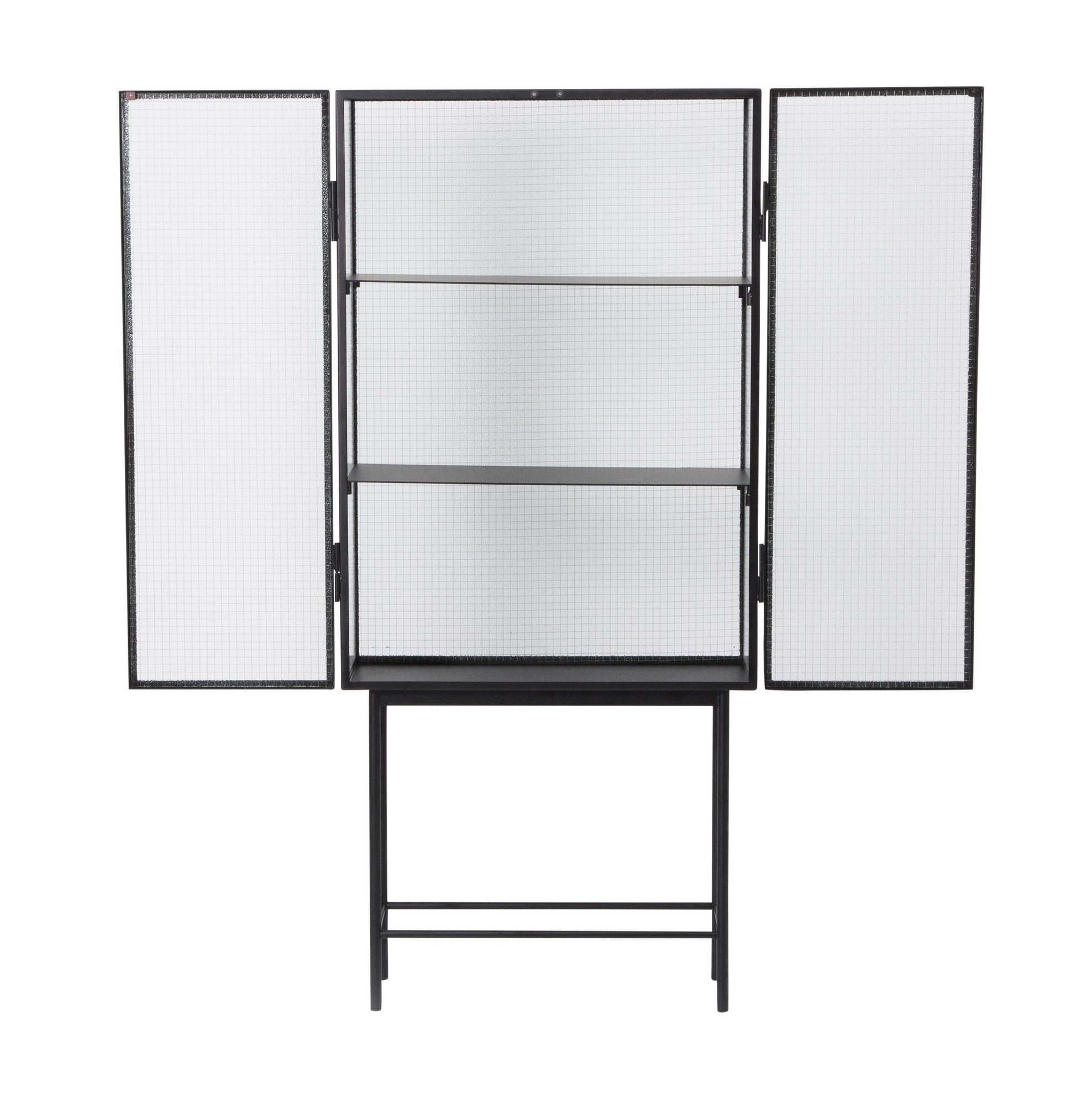 Offene, schwarze Haze Vitrine von Ferm Living mit Drahtglas und zwei Regalböden.