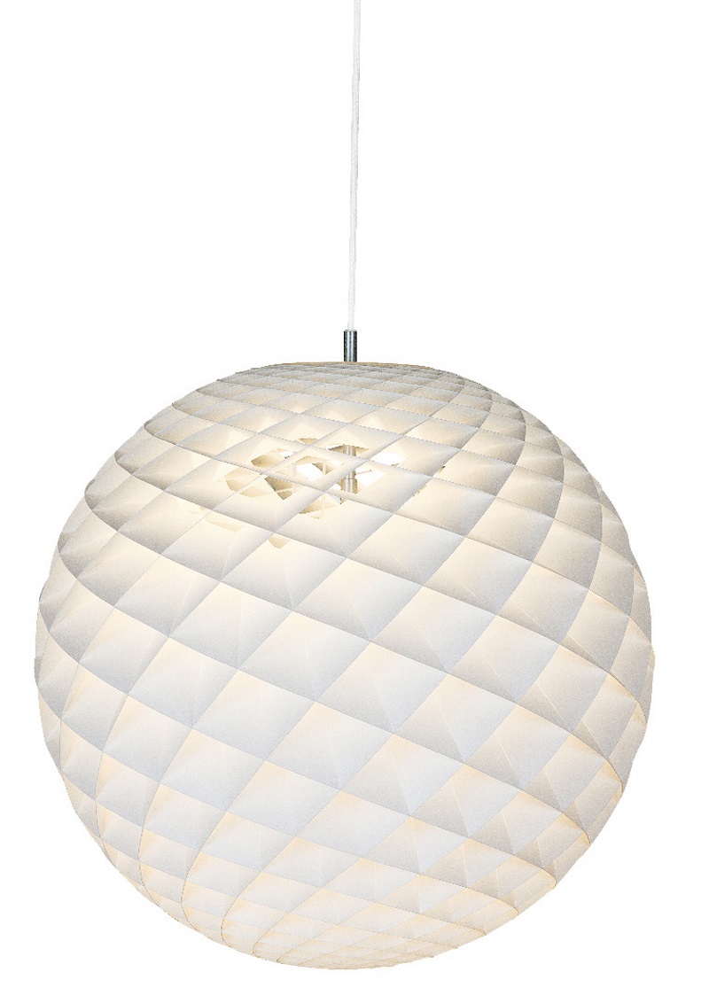 Weiße Patera Pendelleuchte von Louis Poulsen, kugelförmig mit Rautenmuster, moderne Deckenleuchte.