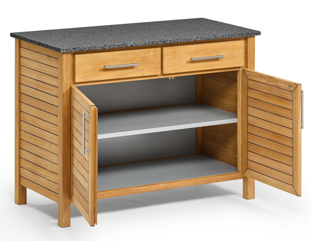 Weishäupl Deck Pflanzboard: Outdoor-Element mit zwei Schubladen, zwei offenen Türen und Steinplatte.