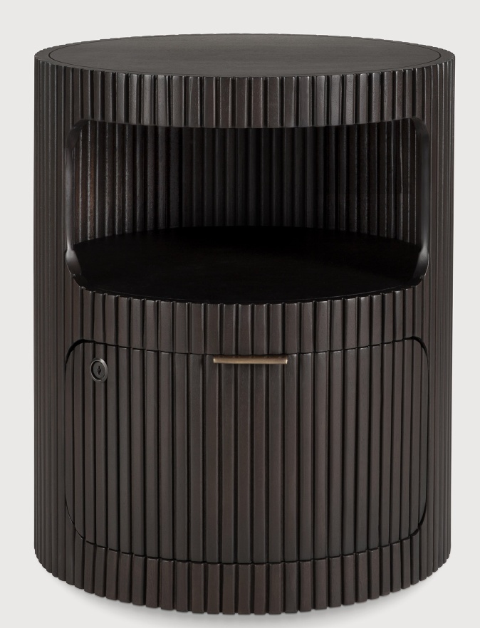 Ethnicraft Rollcontainer Boomerang aus dunklem Holz mit Schublade und offenem Fach.