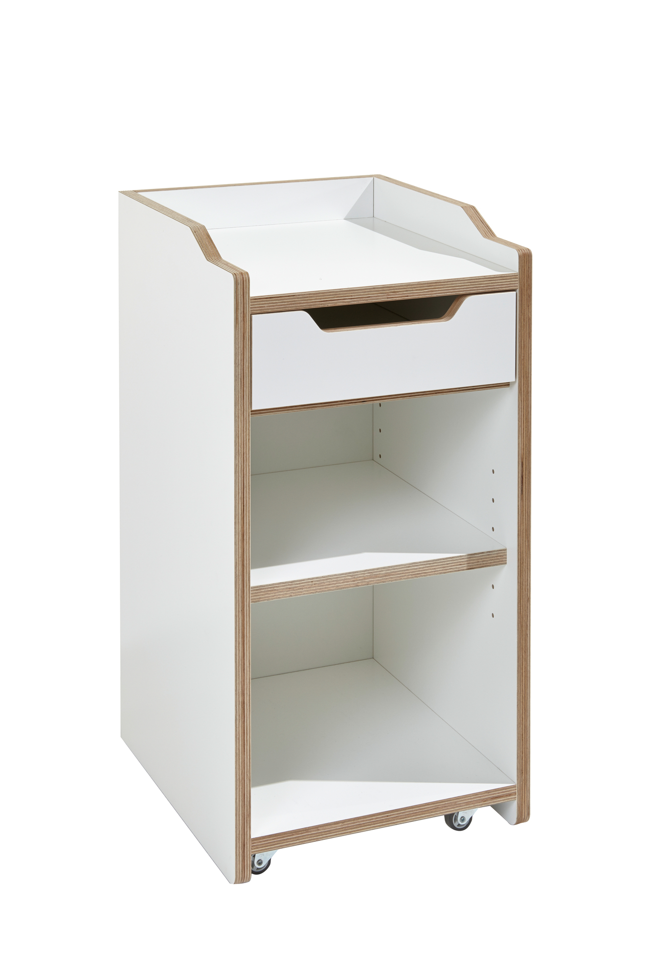 Weißer Rollcontainer von Müller Möbelwerkstätten mit Schublade und zwei offenen Regalfächern.