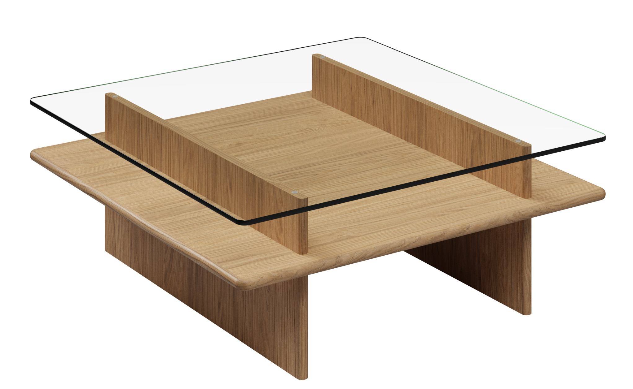 Woud Parallel Couchtisch 90x90 cm: Quadratischer Wohnzimmertisch aus Eichenholz mit Glasplatte.