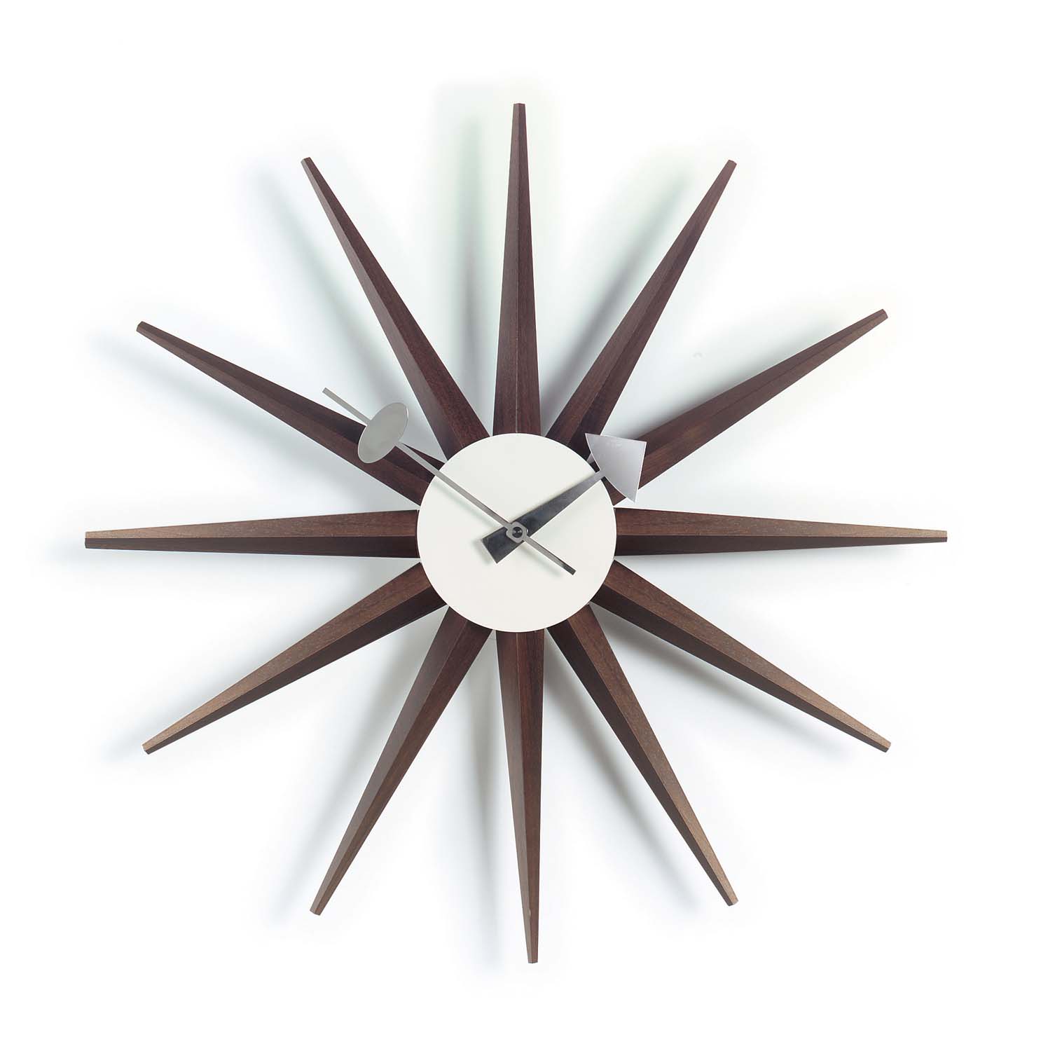 Sunburst Clock Wanduhr aus Nussbaumholz von Vitra: Design Wanduhr im Retro-Stil für Wohnzimmer.