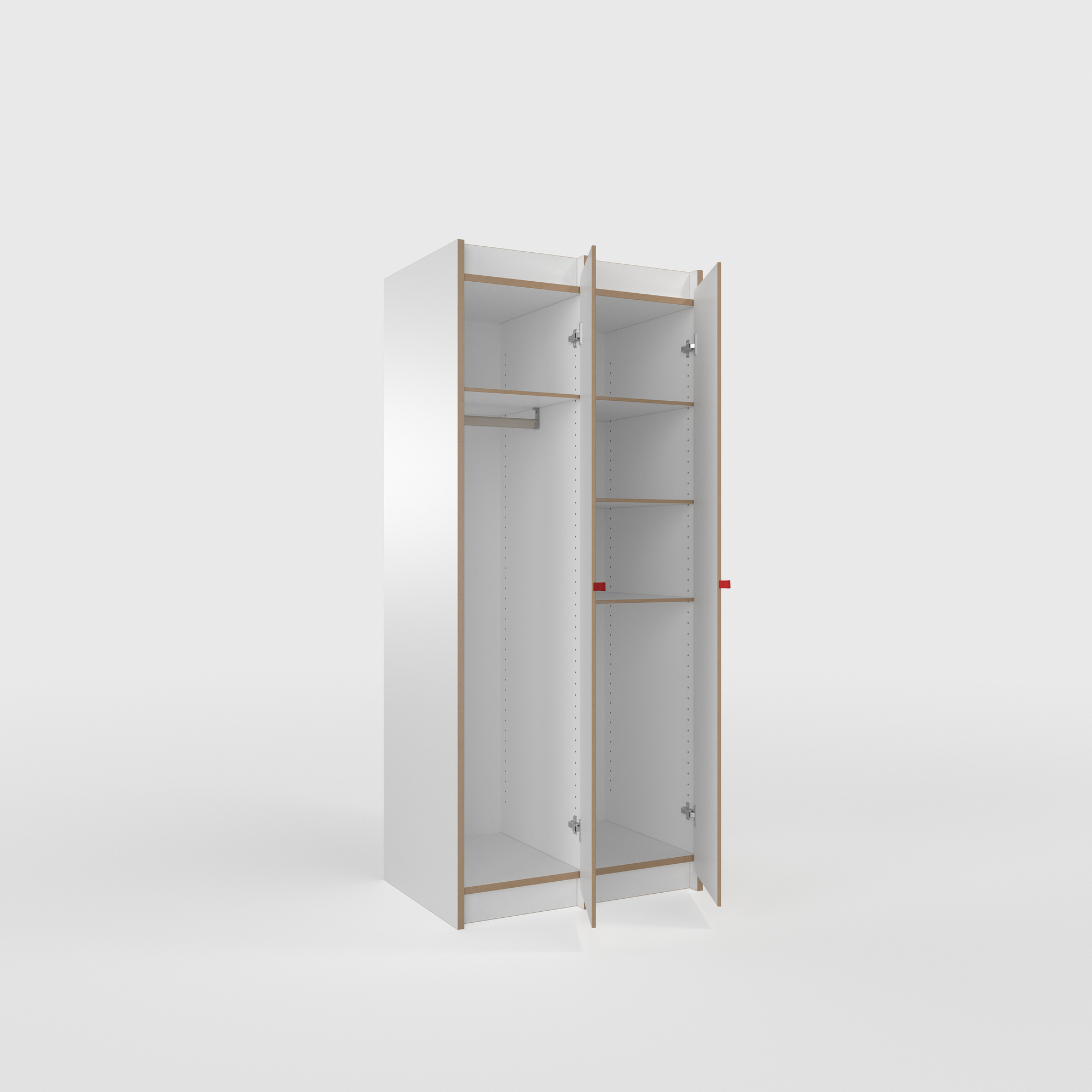 Tojo Steh Schrank Grundmodul: Weißer Kleiderschrank mit offenen Türen, Regalböden und Kleiderstange.