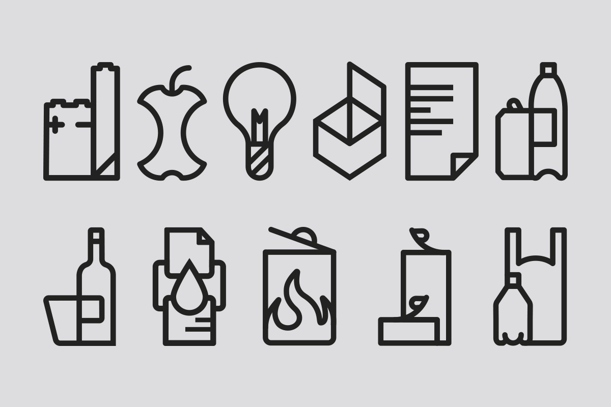 Mizetto QUICK SHIP: Icons für Mülltrennung nach Batterie, Biomüll, Glühbirne, Papier, Plastik und mehr.