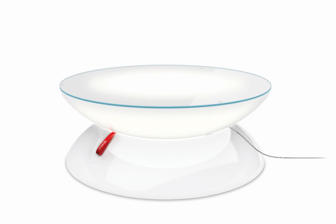 Weißer Moree Lounge Tisch für Innenräume, moderne LED Leuchte als Beistelltisch.