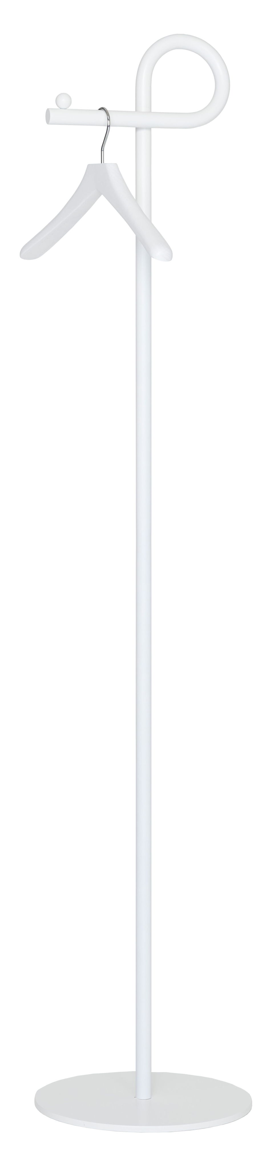 Weißer Schönbuch Slinga Garderobenständer mit Kleiderbügel und runder Basis für Flur und Diele.