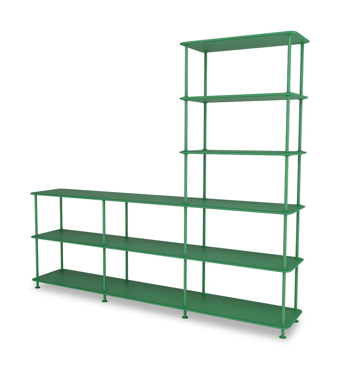 Grünes Montana Free Regal mit mehreren Ebenen für Wohnzimmer oder Büro.