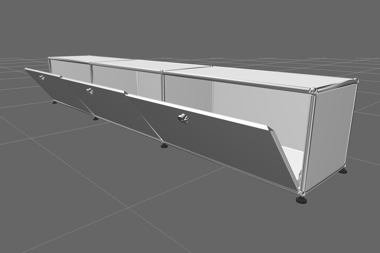 USM Haller Lowboard in Reinweiß mit drei Klappen, modernes Designmöbel für stilvolle Wohnräume.