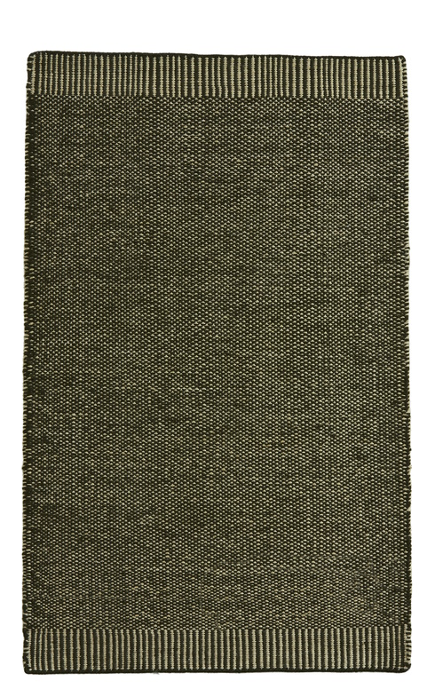 Rechteckiger, dunkelgrüner Rombo Teppich von Woud, 90x140 cm, mit schmalem, gestreiften Rand.