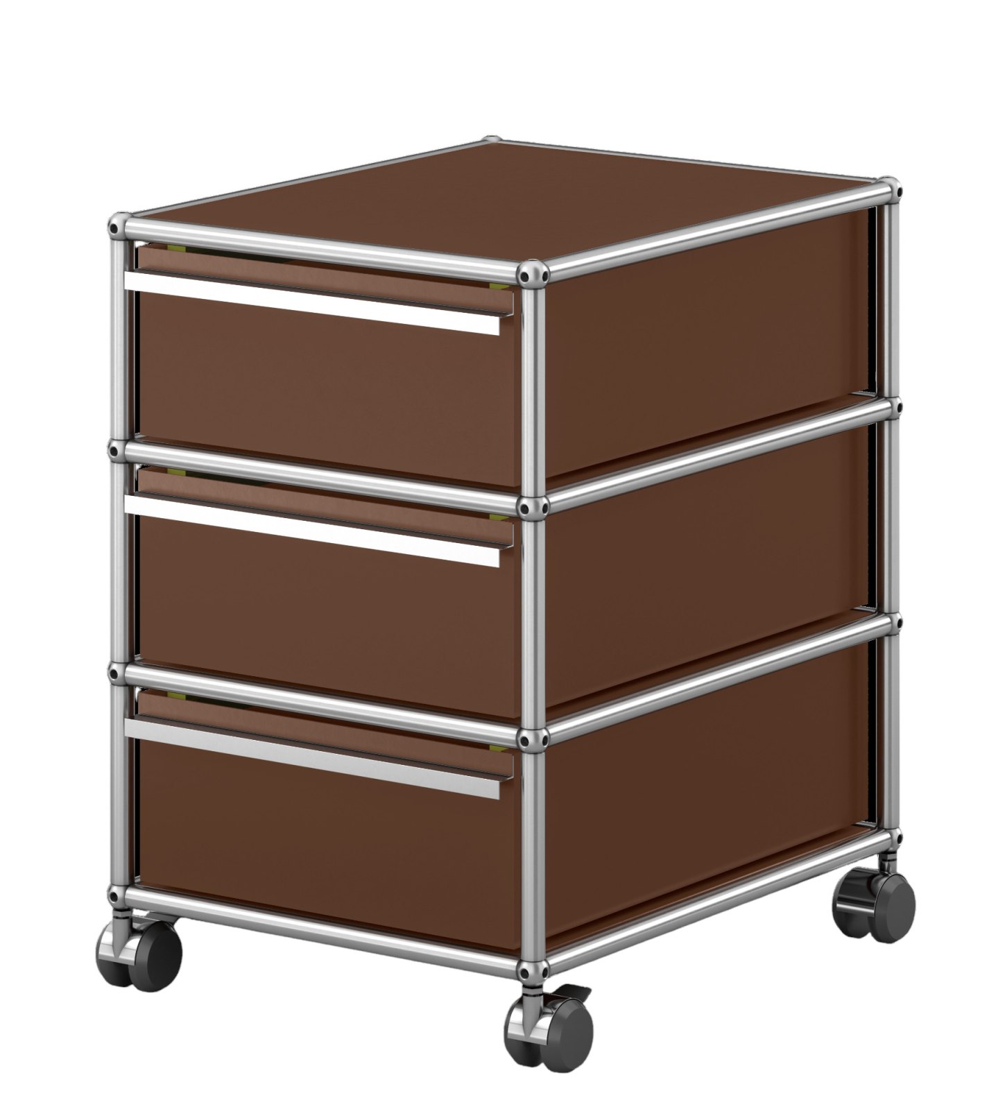 USM Haller Rollcontainer in Braun mit drei Schubladen und silbernem Gestell auf Rollen.