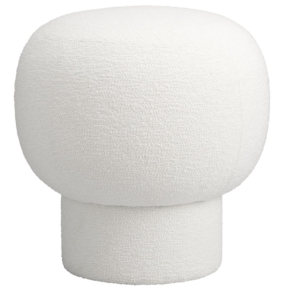 Weißer Liége Pouf von Norr11 mit Bouclé-Bezug, runder Hocker für Wohnzimmer und Schlafzimmer.