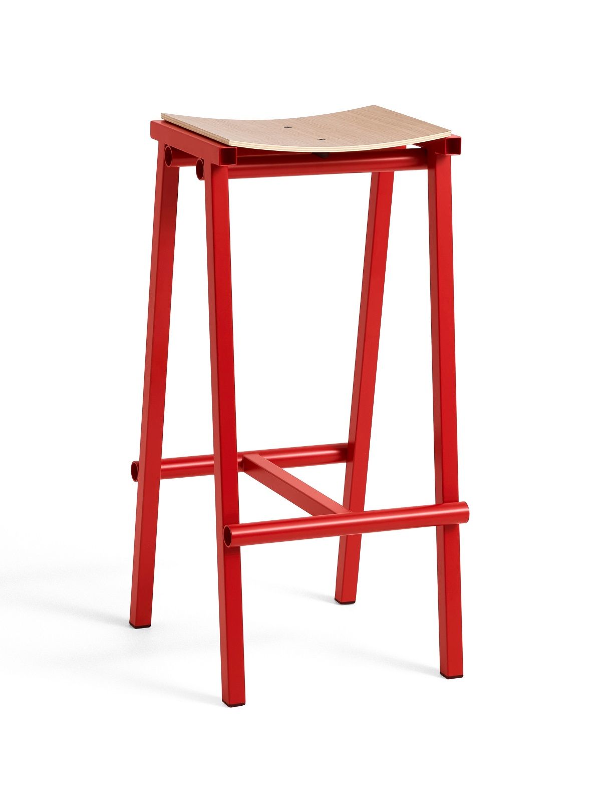 Roter Hay Barhocker mit Holz-Sitzfläche. Moderner Barstuhl für Küche oder Bar.