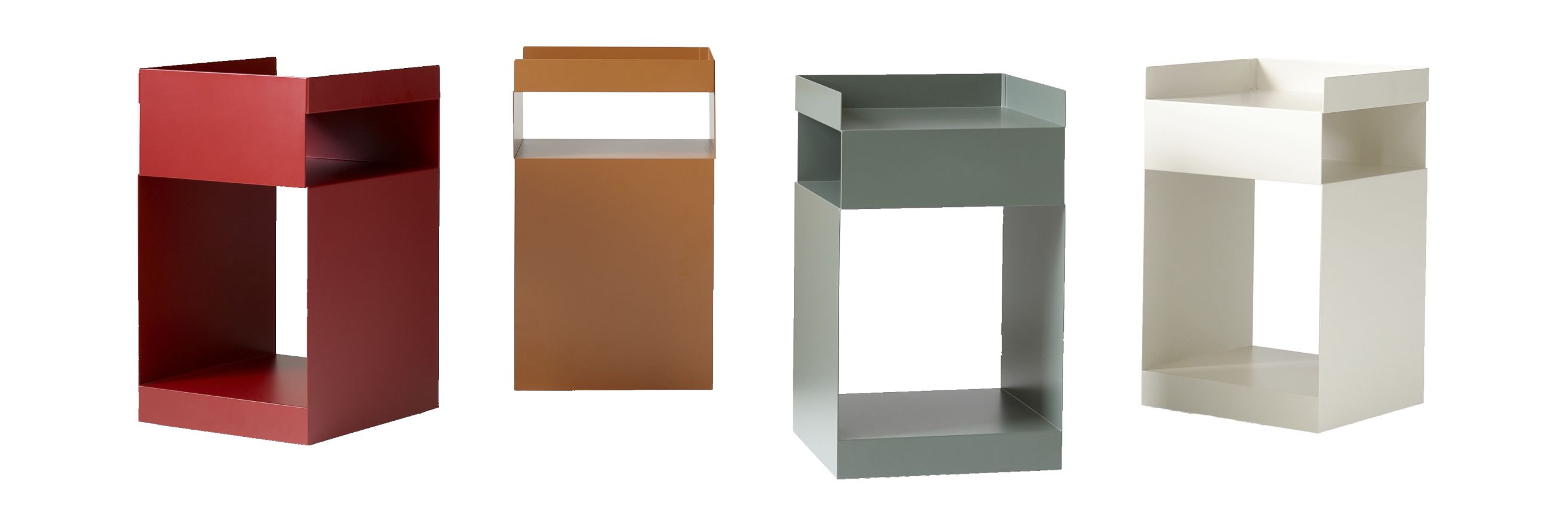 Vier farbige AndTradition Rotate SC73 Rollwagen aus Metall, modernes Möbeldesign für Wohnräume.