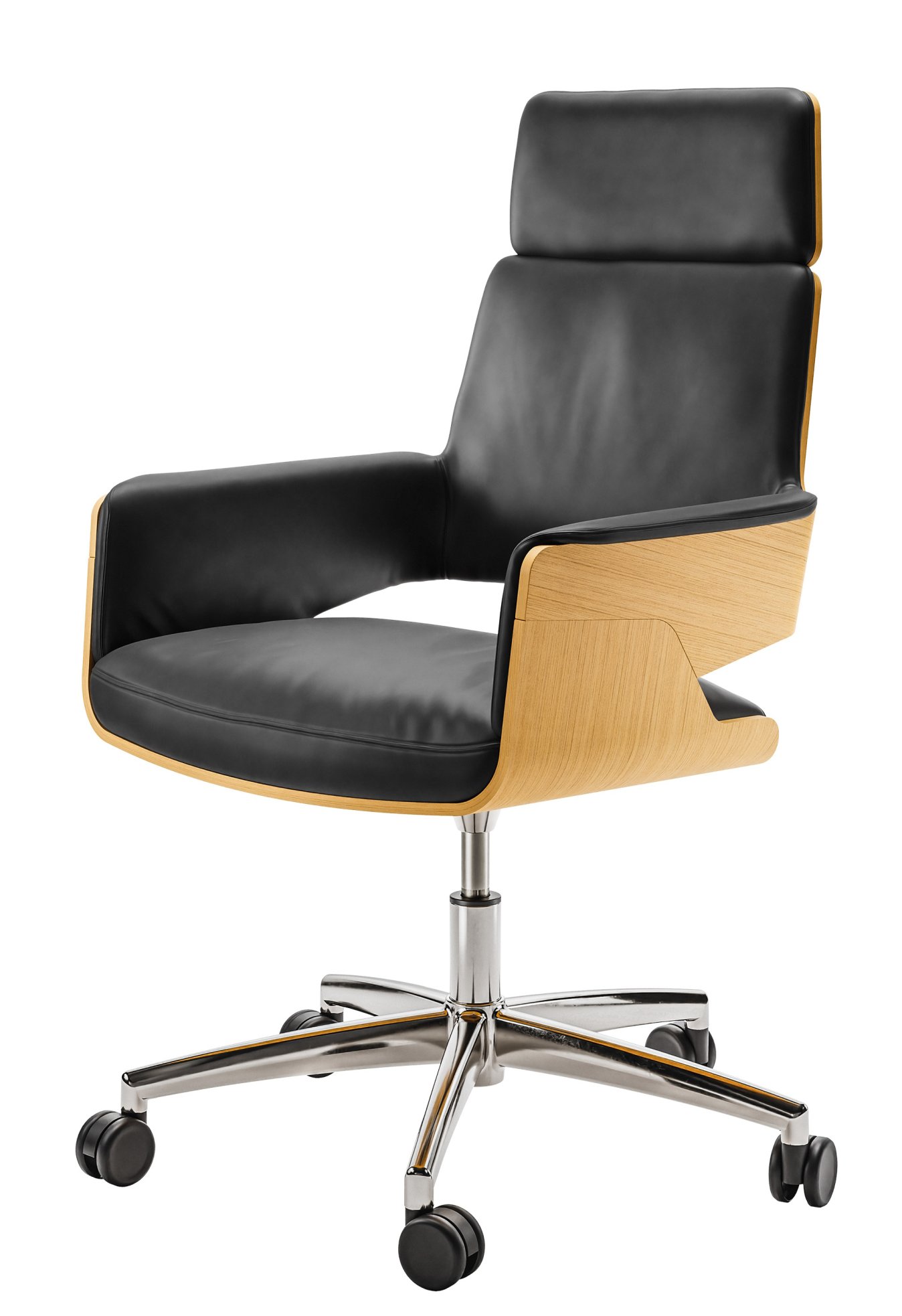 S 845 Thonet Drehsessel mit schwarzem Leder und Holzarmlehnen auf Rollen.