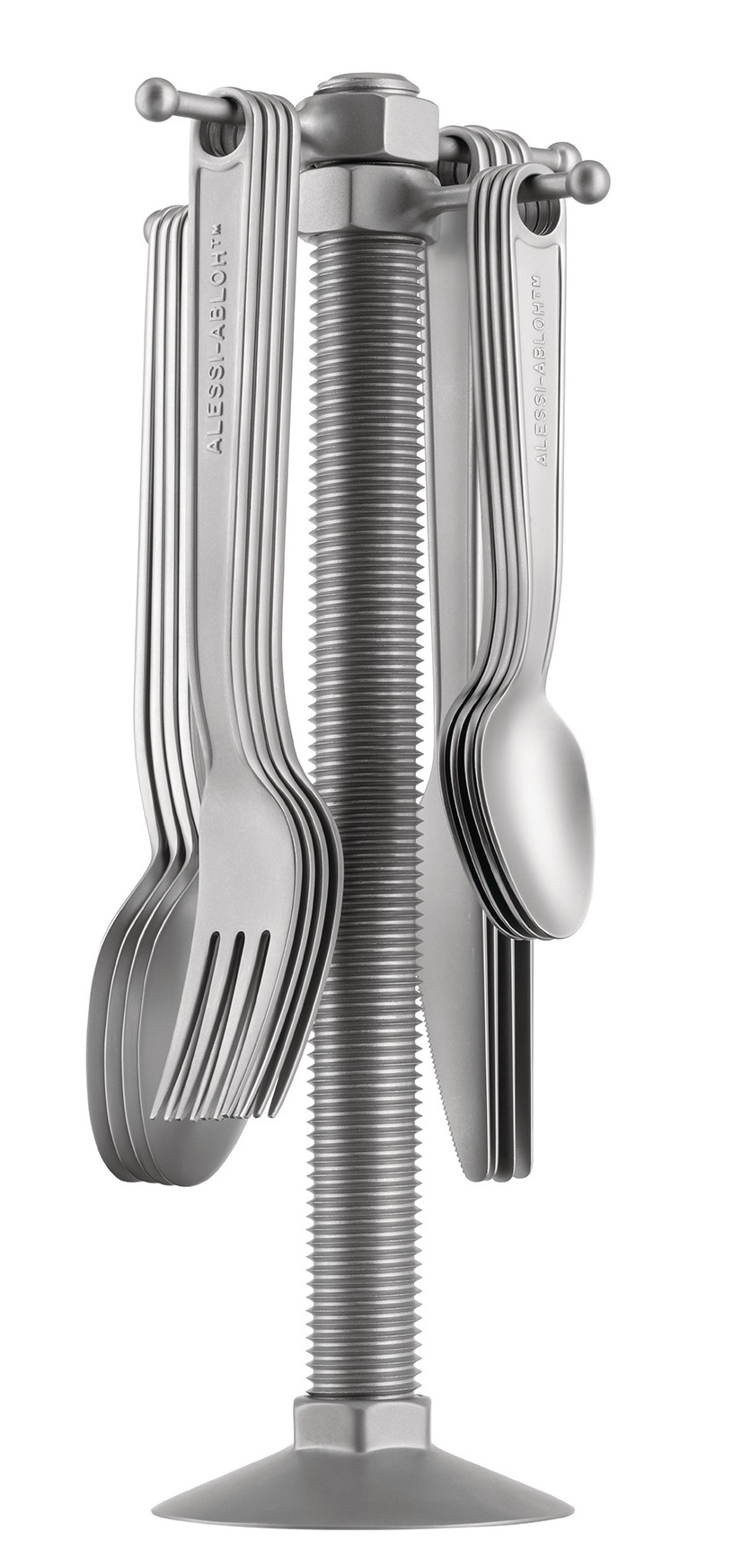 Alessi VA02 Besteckgarnitur, modernes Design-Besteckset aus Edelstahl auf einem Schraubstock-ähnlichen Halter.