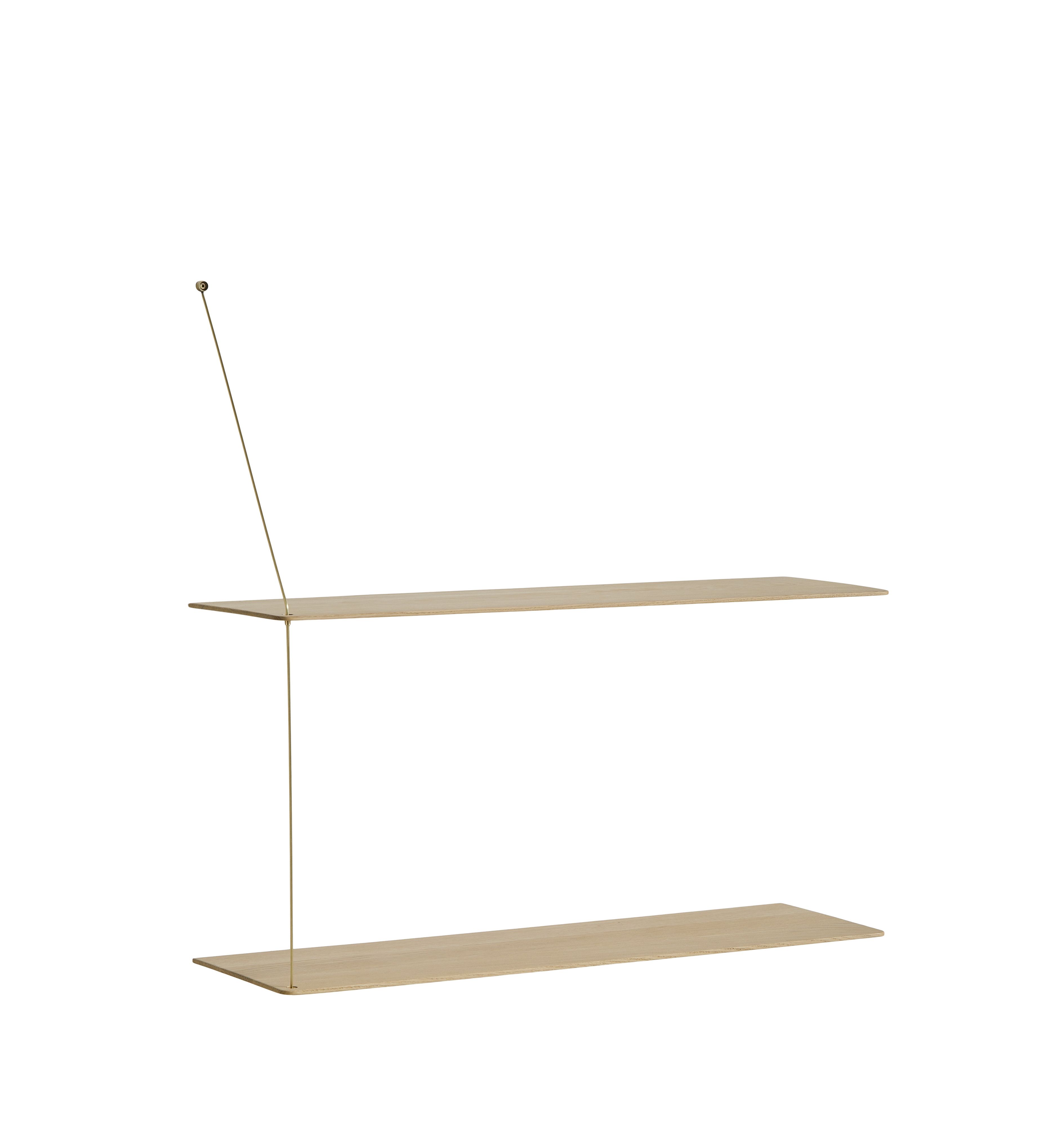 Stedge Wandregal von Woud, Jubiläumsedition: Minimalistisches Design mit zwei hellen Holzablagen und Messingaufhängung.