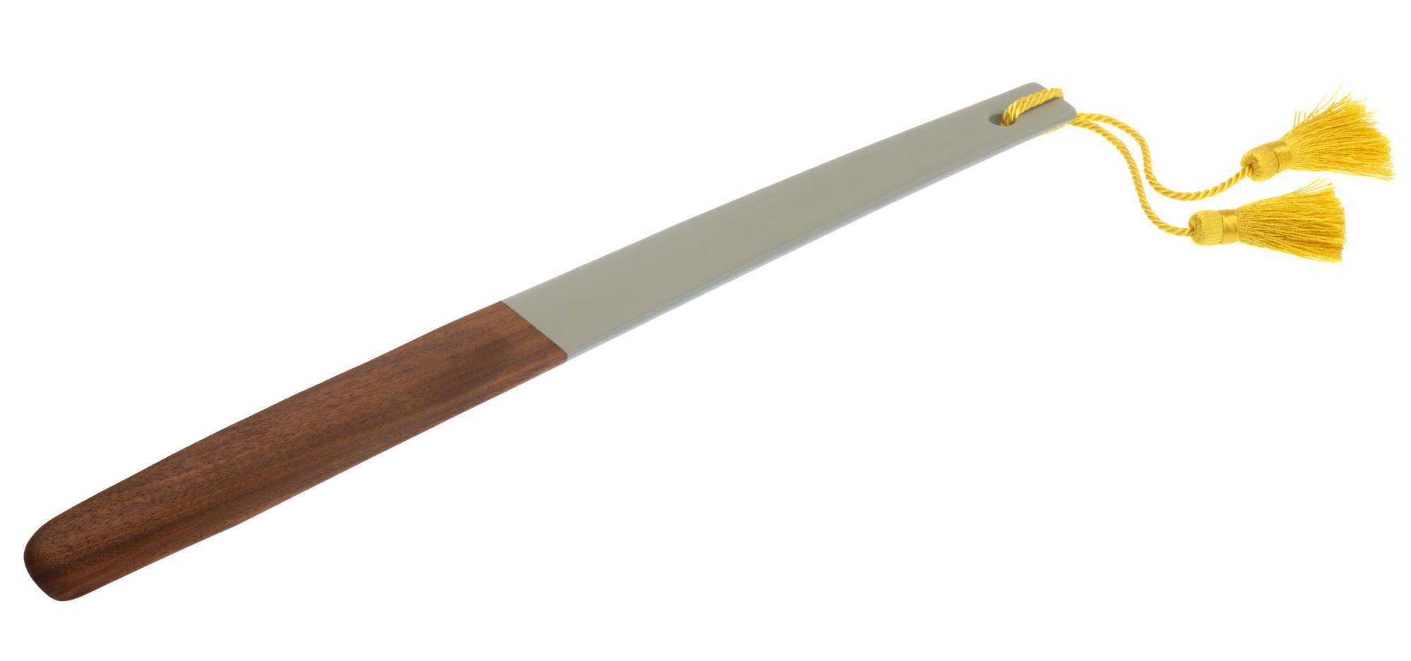 Schönbuch Loafer Schuhlöffel aus Holz und grauem Kunststoff mit gelben Quasten.