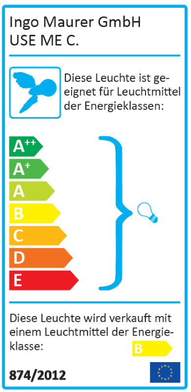 Energieeffizienzlabel der Ingo Maurer Use Me C. Deckenleuchte, Energieklasse B, geeignet für A++ bis E.