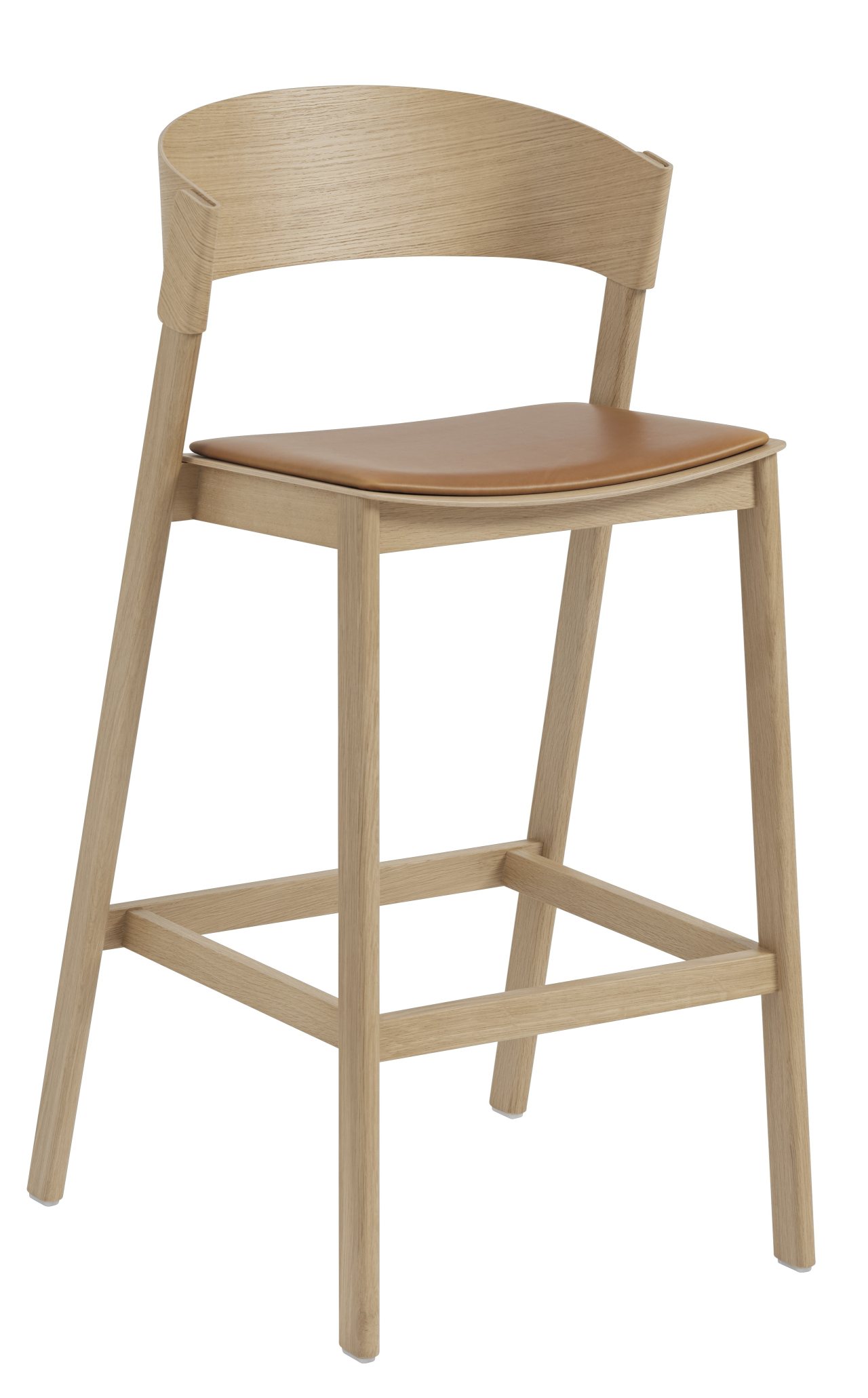 Muuto Cover Barhocker H 75 cm: Holz Barstuhl mit Rückenlehne und braunem Ledersitz.