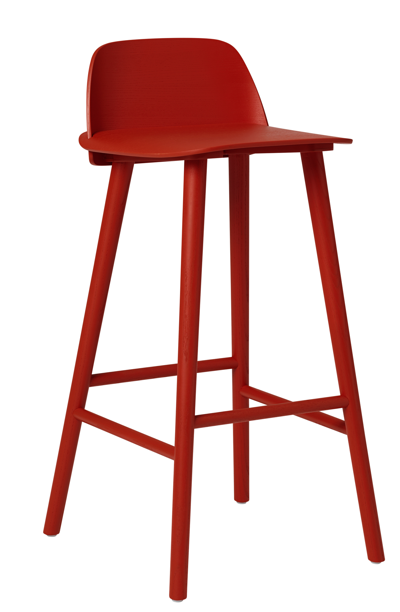 Roter Muuto Nerd Barhocker H 75 cm aus Holz, moderner skandinavischer Design Hocker.