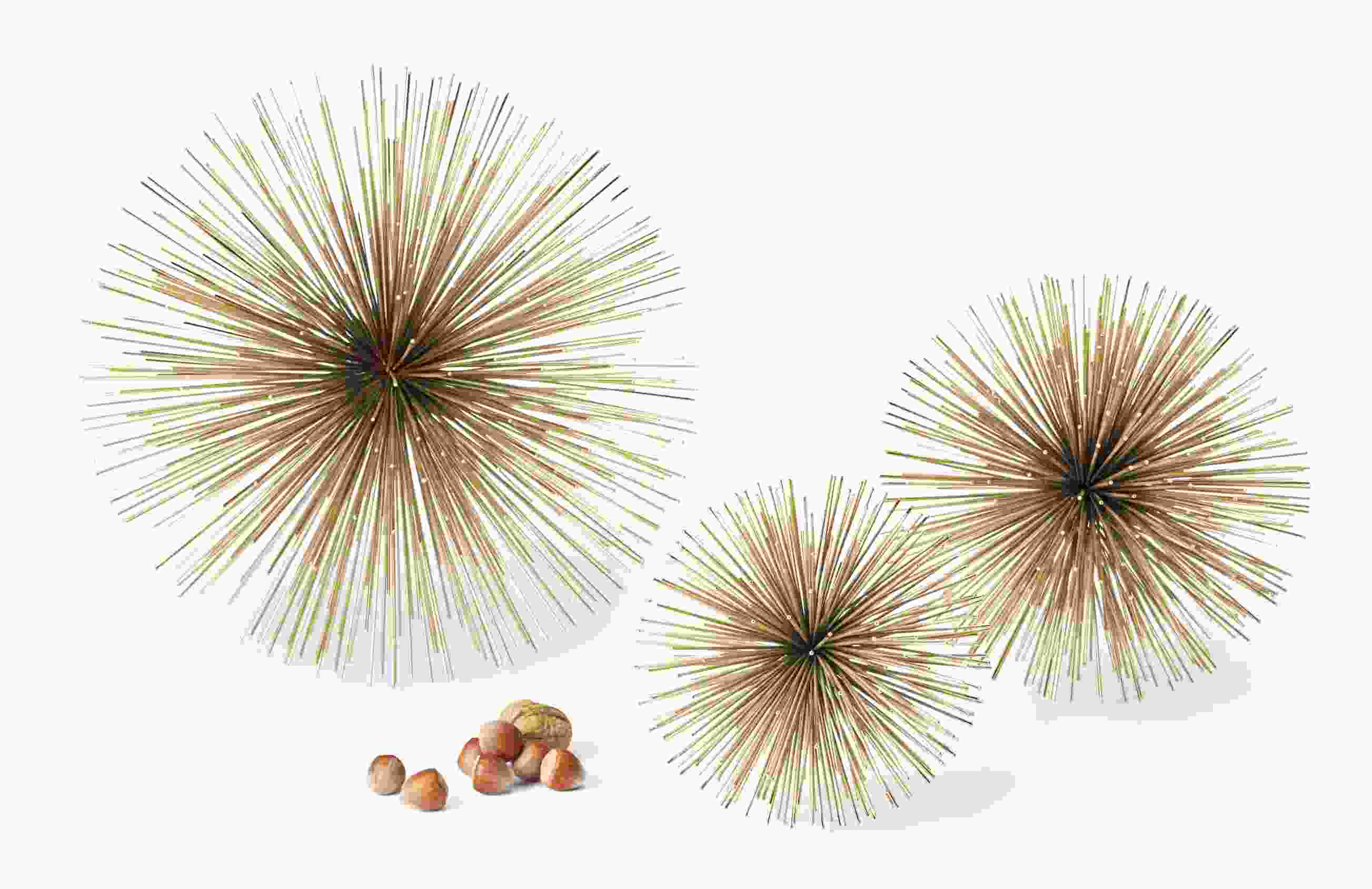 Drei Riccio Deko-Sterne von Philippi in Gold und Grün mit Haselnüssen als Dekoration.