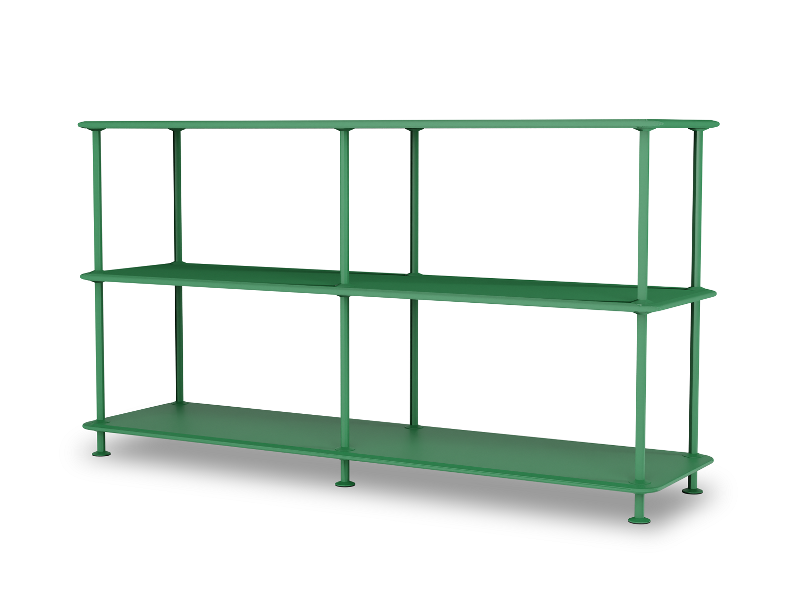 Grünes Montana Free Regal mit zwei Ebenen für Wohnzimmer oder Büro.