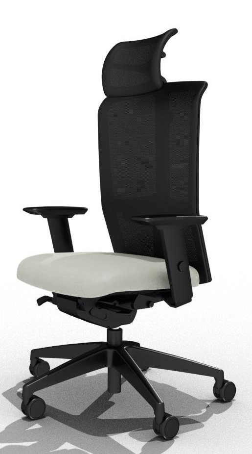 Goal Bürostuhl von Interstuhl in Grau und Beige mit Netzrücken und Kopfstütze.